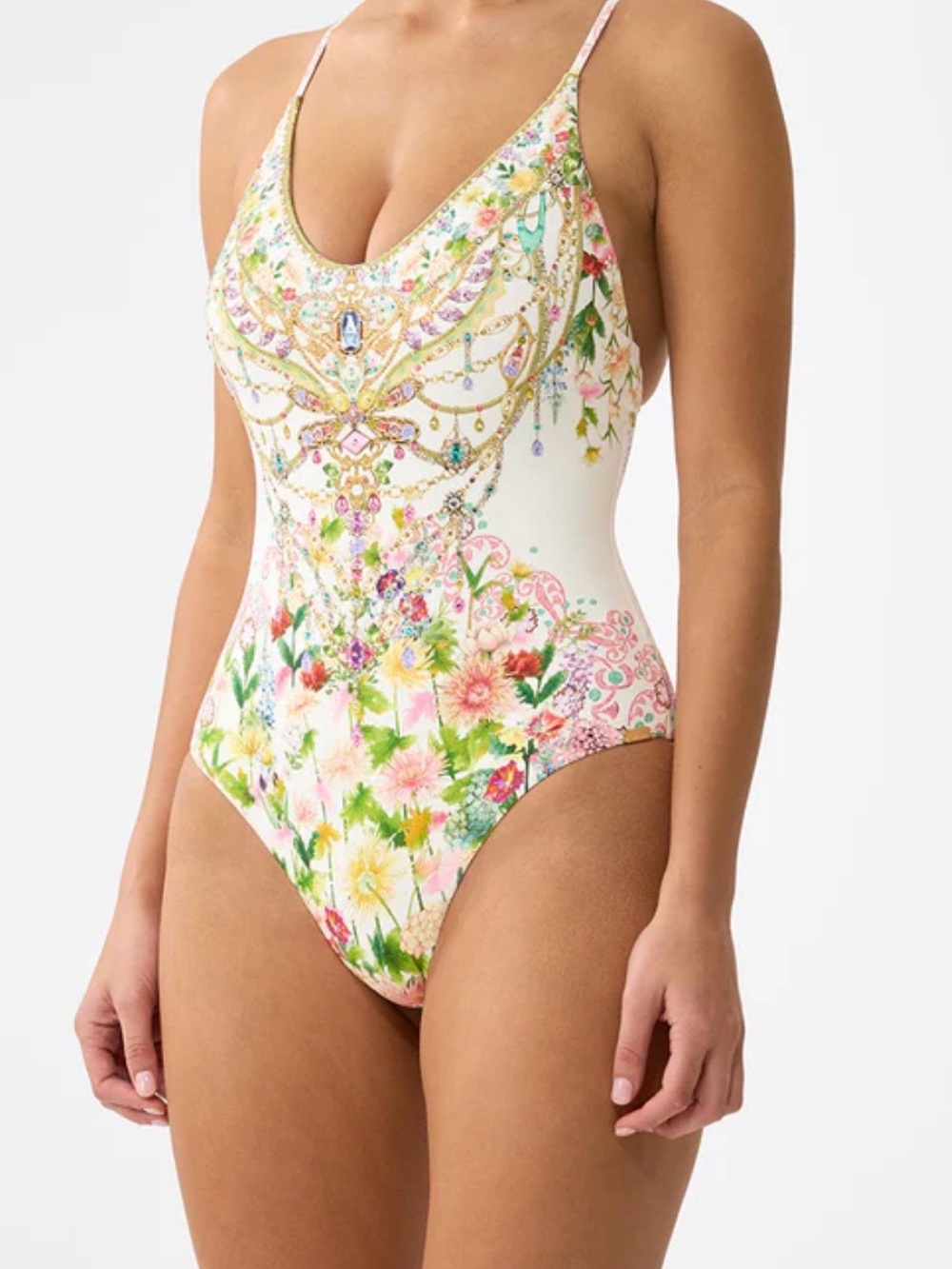 Camilla White Floral & Jeweled-Print Crisscross One-Piece Swimsuit - Picture 2 of 5